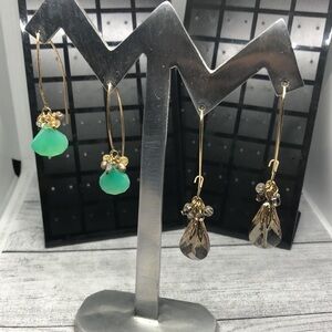 Bundle 2 stone and crystal trendy statement long wire hook earrings dangle drop.